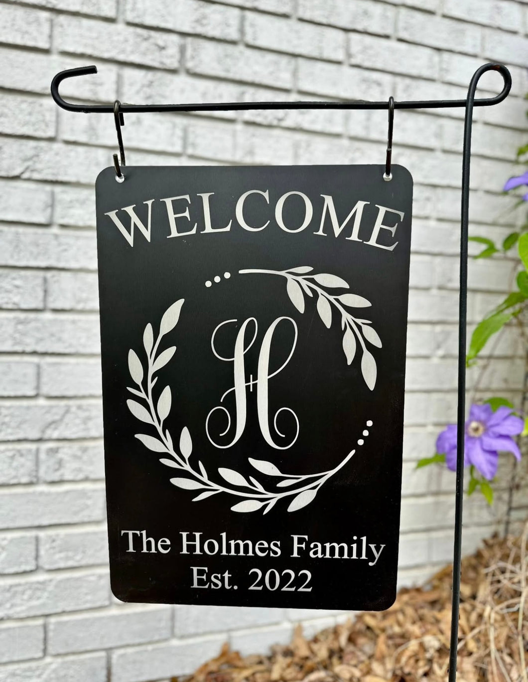 Metal Garden Flag with Wreath, Initial, & Name