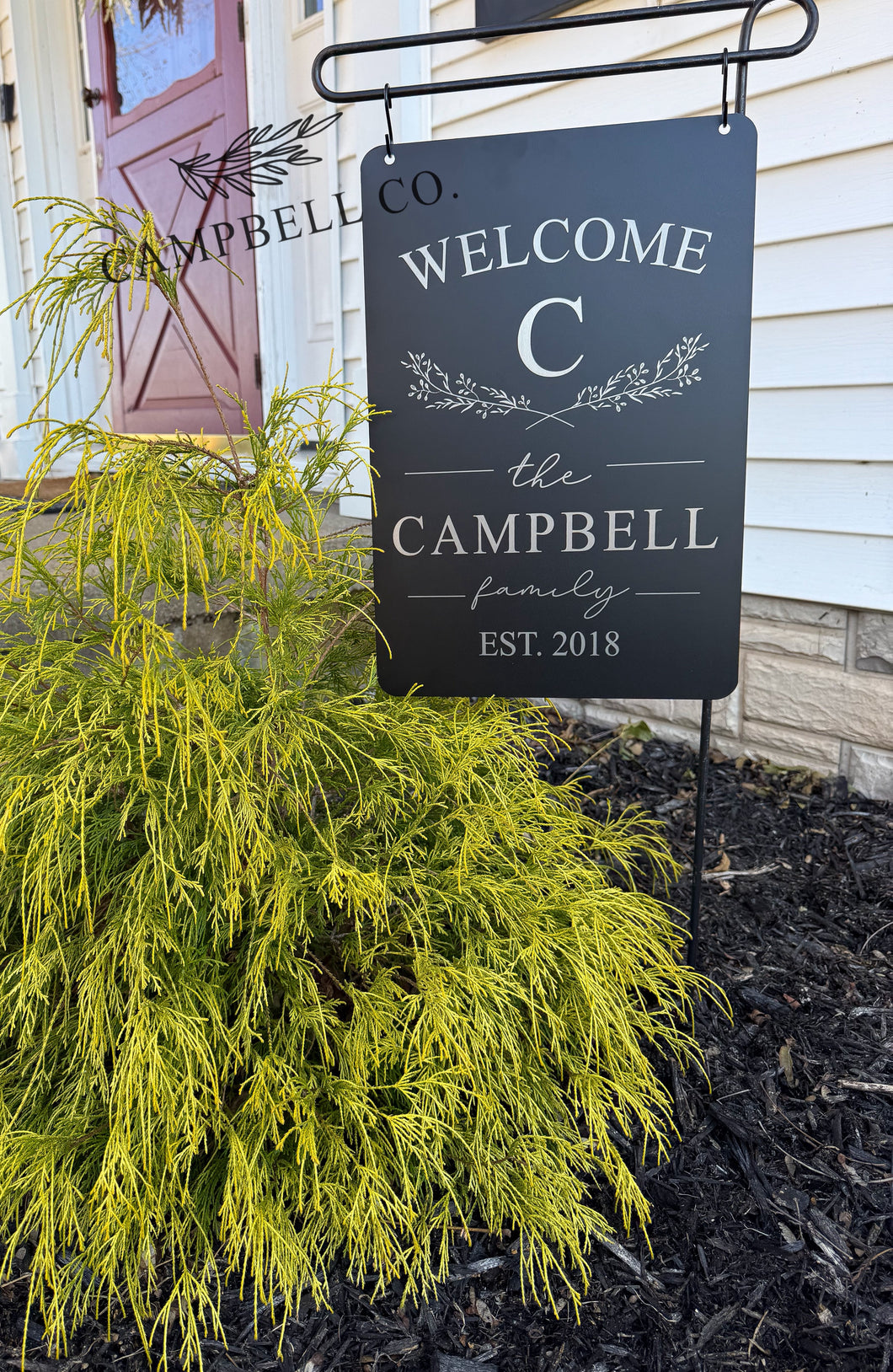 Metal Garden Flag with HALF Wreath, Initial, & Name